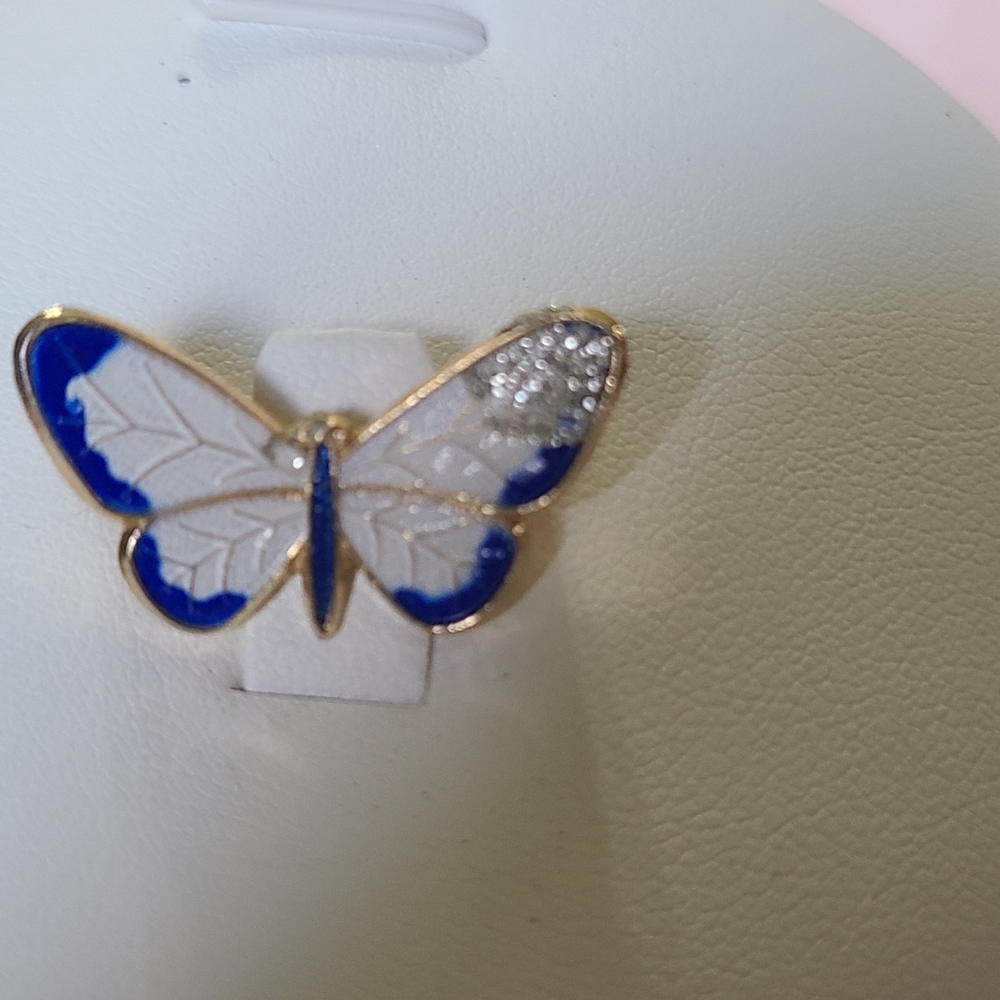 Vintage Small Blue And White Butterfly Enamel Brooch Gold Toned Pin Glitter Dip - Picture 2 of 5